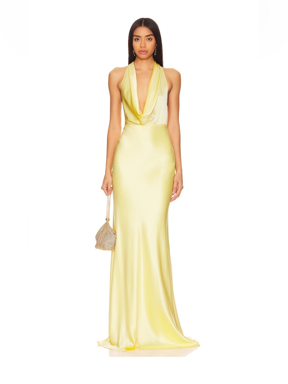 Sau Lee pearl gown - Yellow Satin Cowl Neck Evening Gown